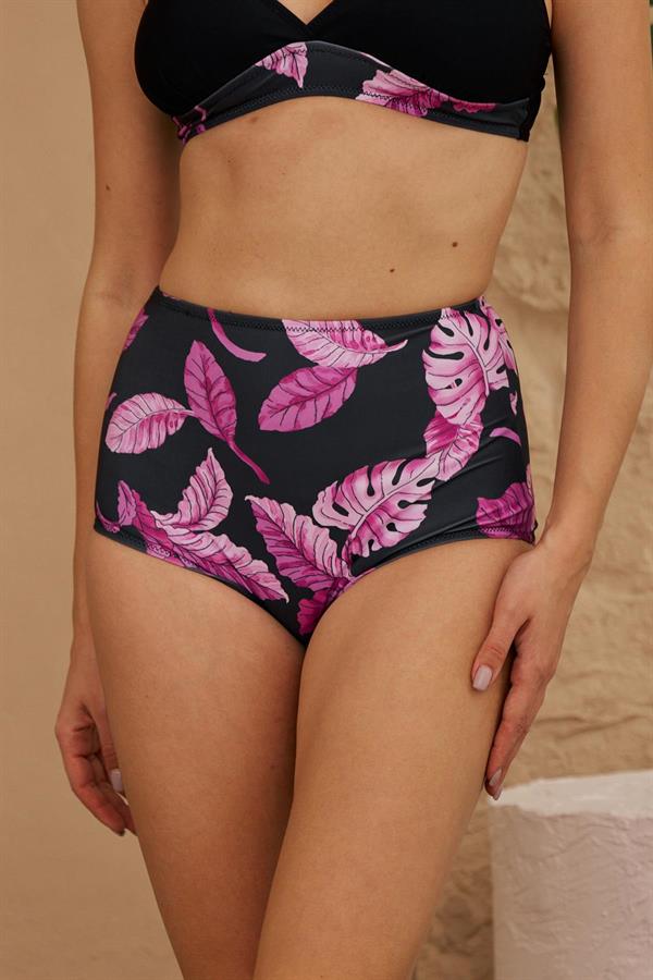 Bikini Altı Yüksek Bel Toparlayıcı Siyah Yaprak Desenli