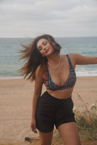 Bikini Takımı Paraşüt Şortlu Etnik Desen Lacivert Bralet Üst