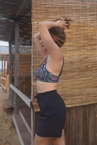 Bikini Takımı Paraşüt Şortlu Etnik Desen Lacivert Bralet Üst