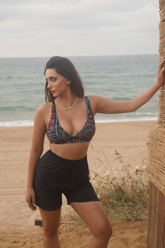 Bikini Takımı Paraşüt Şortlu Etnik Desen Lacivert Bralet Üst