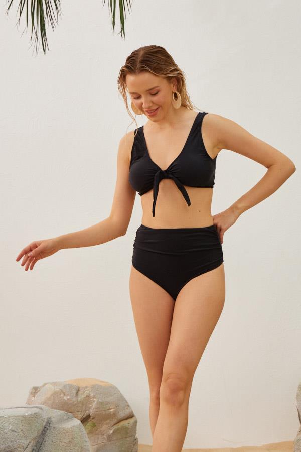 Toparlayıcı Yüksek Bel Fiyonklu Bikini Takımı Siyah
