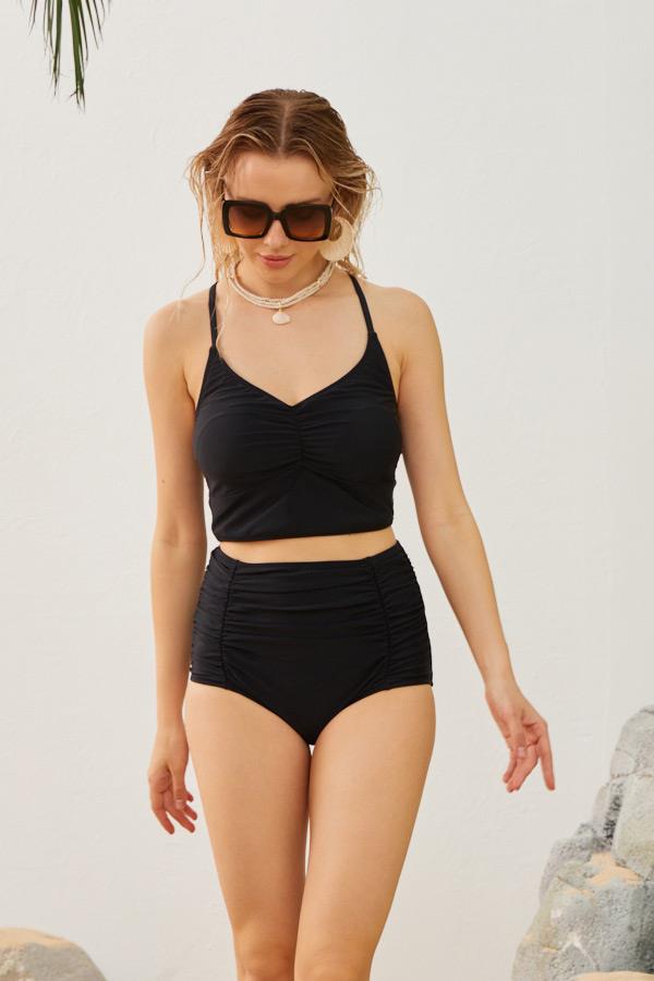 Yüksek Bel Büzgülü Model Toparlayıcı Siyah Bikini Takımı