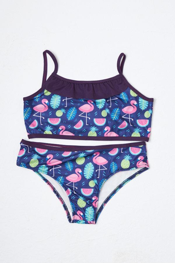 Kız Çocuk Bikini Takımı İnce Askılı Mor Flamingolu