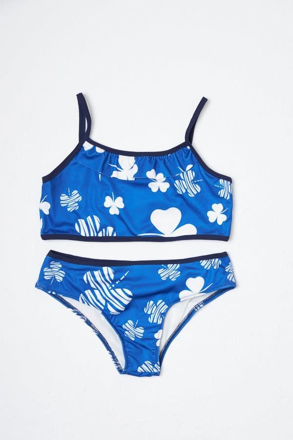 Kız Çocuk Bikini Takımı İnce Askılı Mavi Yonca Desen