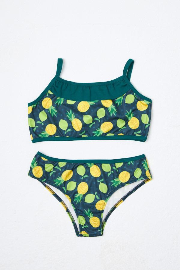 Kız Çocuk Bikini Takımı İnce Askılı Yeşil Limon Desenli