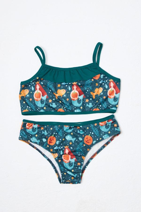 Kız Çocuk Bikini Takımı İnce Askılı Yeşil Balık Desenli