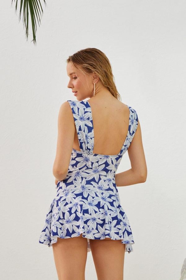 Elbiseli Mayo Katlı Tasarım Lacivert Beyaz Orkide