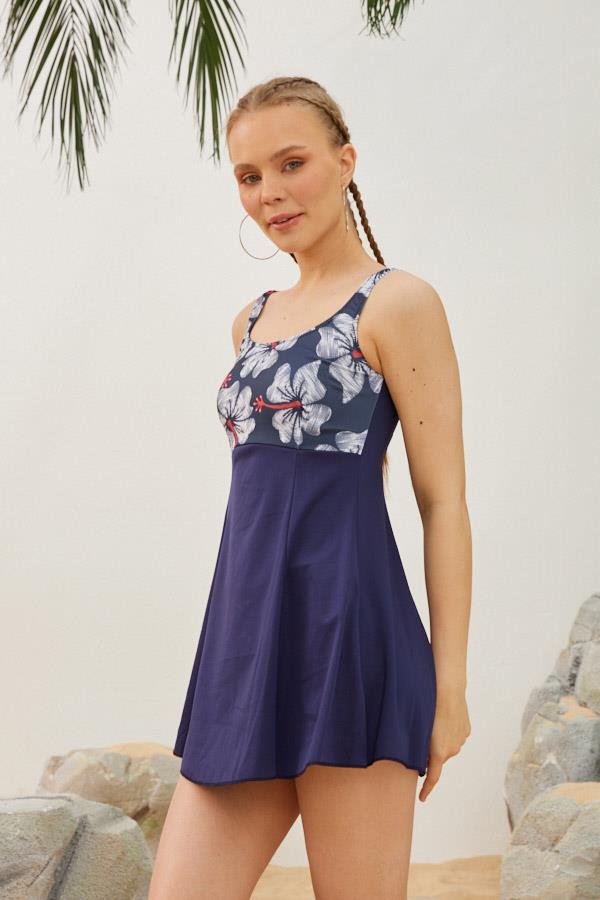 Şortlu Elbiseli Mayo Modeli Lacivert Gül Desenli