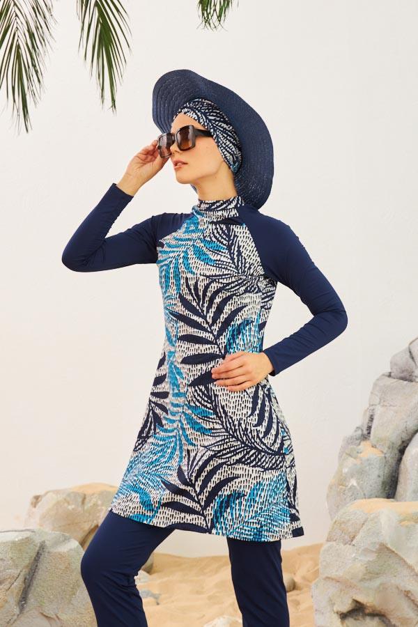 Starinci Likralı Tesettür Mayo Palmiye Yaptağı Desenli Lacivert Puantiyeli