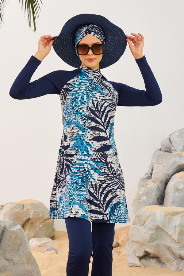 Starinci Likralı Tesettür Mayo Palmiye Yaptağı Desenli Lacivert Puantiyeli