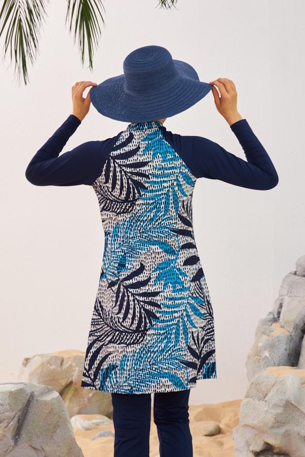 Starinci Likralı Tesettür Mayo Palmiye Yaptağı Desenli Lacivert Puantiyeli