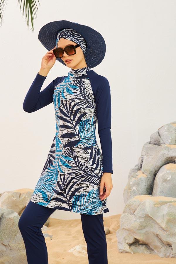 Starinci Likralı Tesettür Mayo Palmiye Yaptağı Desenli Lacivert Puantiyeli