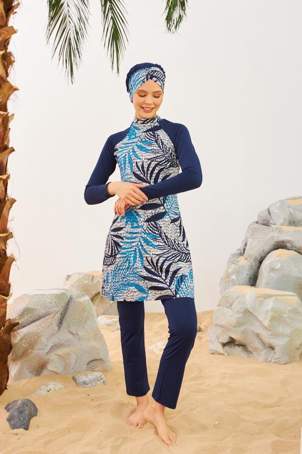 Starinci Likralı Tesettür Mayo Palmiye Yaptağı Desenli Lacivert Puantiyeli