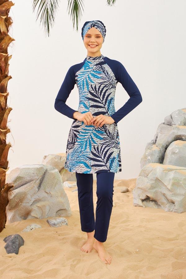 Starinci Likralı Tesettür Mayo Palmiye Yaptağı Desenli Lacivert Puantiyeli
