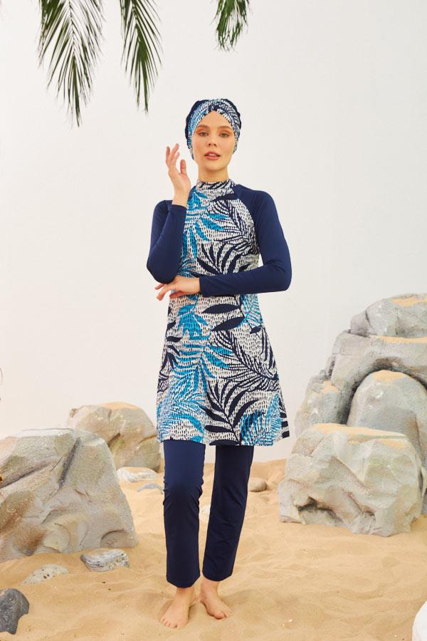 Starinci Likralı Tesettür Mayo Palmiye Yaptağı Desenli Lacivert Puantiyeli