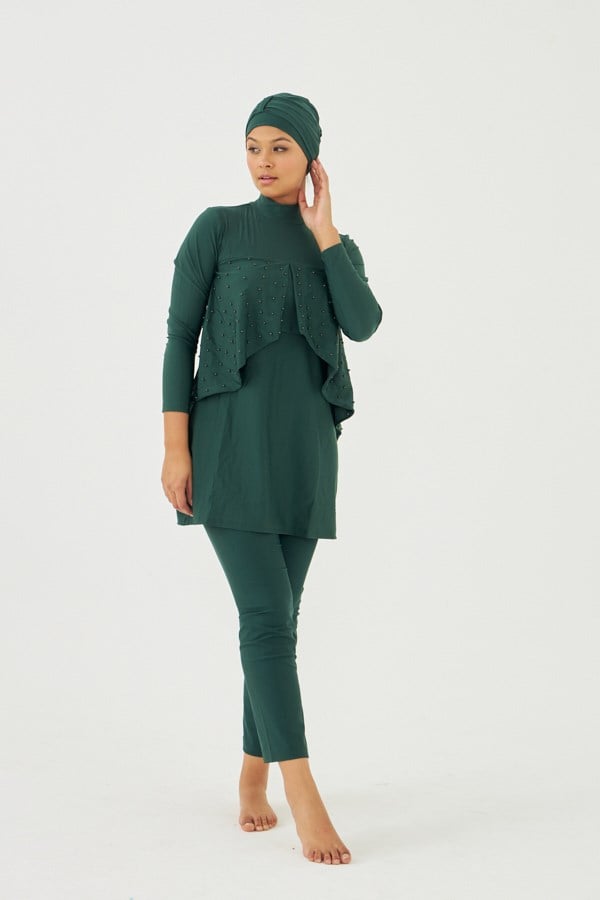 Starinci Tam Kapalı Uzun Kol Likra Tam Kapalı Mayo Yeşil İnci İşlemeli