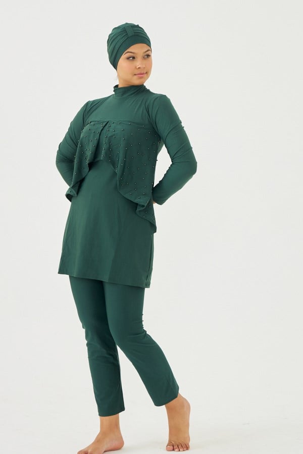 Starinci Tam Kapalı Uzun Kol Likra Tam Kapalı Mayo Yeşil İnci İşlemeli