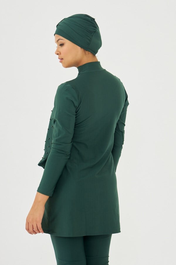 Starinci Tam Kapalı Uzun Kol Likra Tam Kapalı Mayo Yeşil İnci İşlemeli