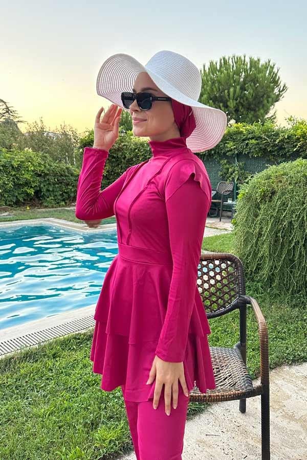 Tam Kapalı Likra Tesettür Mayo Pembe