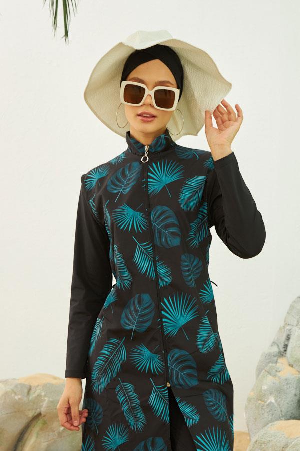 Hızlı Kuruyan Tam Kapalı Tesettür Mayo Siyah Yeşil Yapraklı