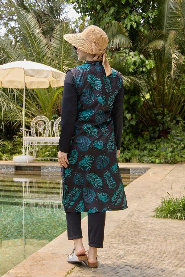 Hızlı Kuruyan Tam Kapalı Tesettür Mayo Siyah Yeşil Yapraklı