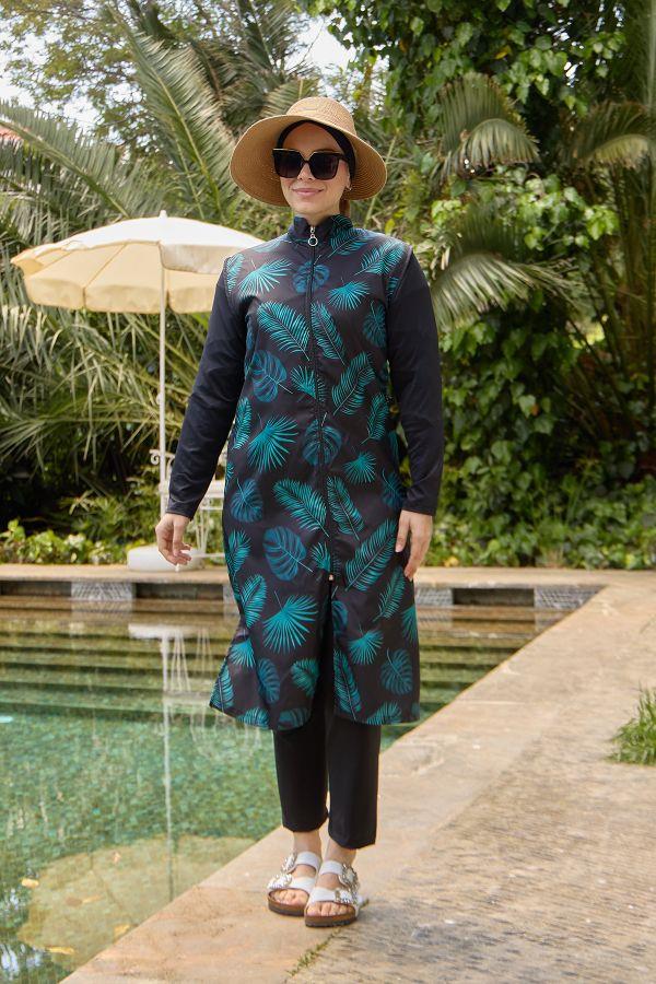 Hızlı Kuruyan Tam Kapalı Tesettür Mayo Siyah Yeşil Yapraklı