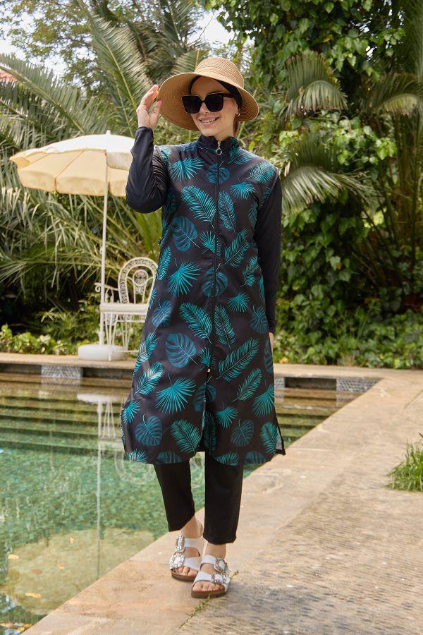 Hızlı Kuruyan Tam Kapalı Tesettür Mayo Siyah Yeşil Yapraklı