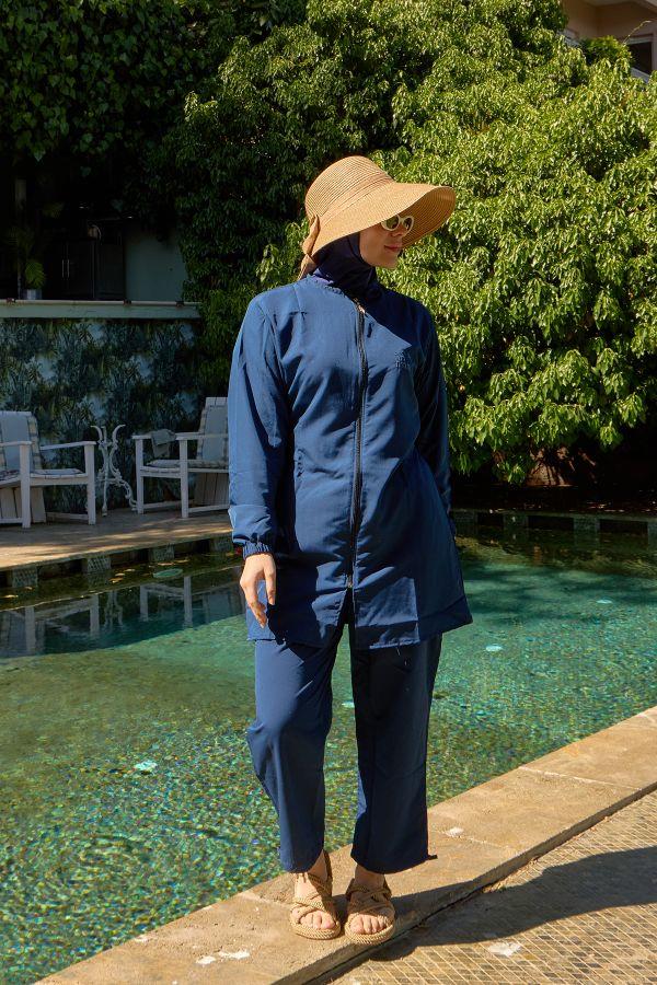 Klasik Düz Desensiz Hızlı Kuruyan İndigo Tesettür Mayo