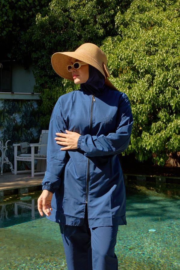 Klasik Düz Desensiz Hızlı Kuruyan İndigo Tesettür Mayo