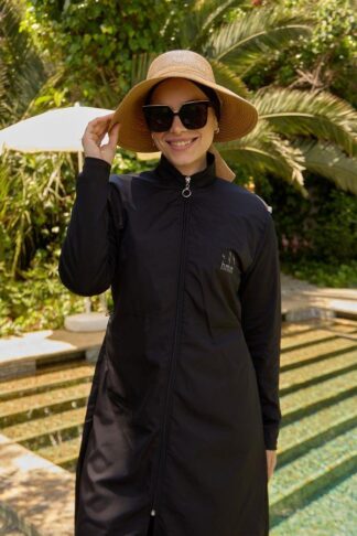 Starinci Tam Kapalı Tesettür Mayo Hakim Yaka Düz Siyah