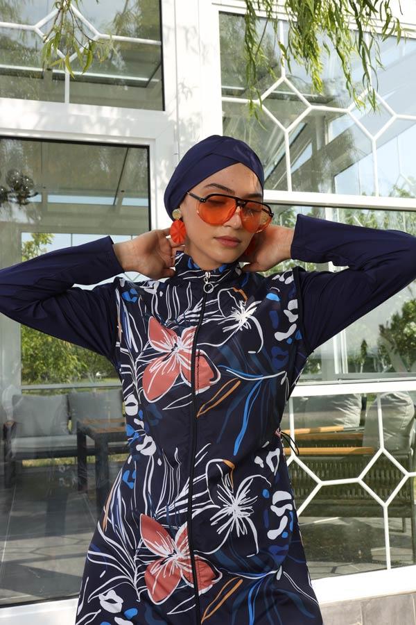 Tam Tesettür Mayo Dev Çiçek Desenler Tropikal