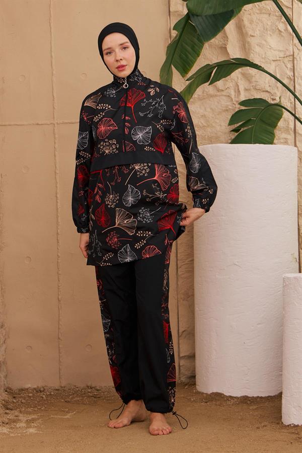 Tesettür Mayo Dokuma Kanguru Model Siyah Gelincik Desen