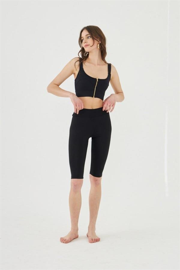 Mayo Tayt Yüksek Bel Likralı Siyah Diz Seviyesi